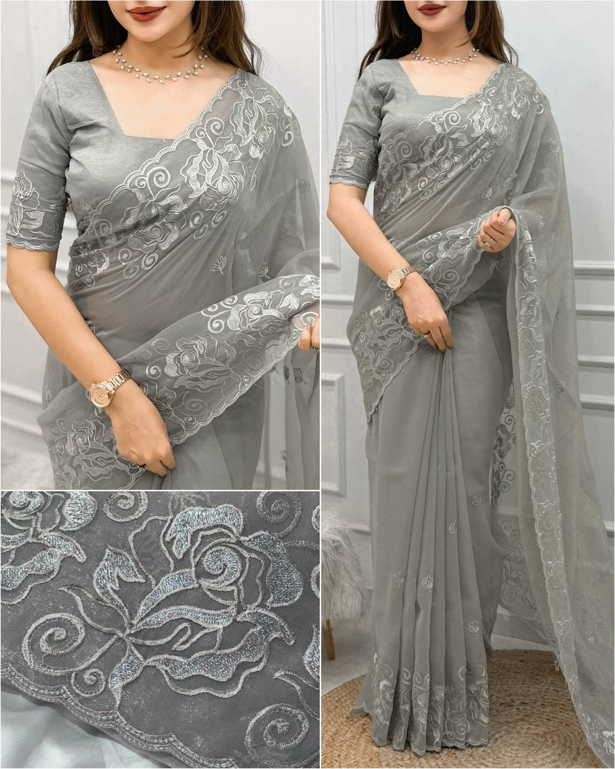 Silver Grey Melbourne Silk Self Embroidered Saree with Zari Work