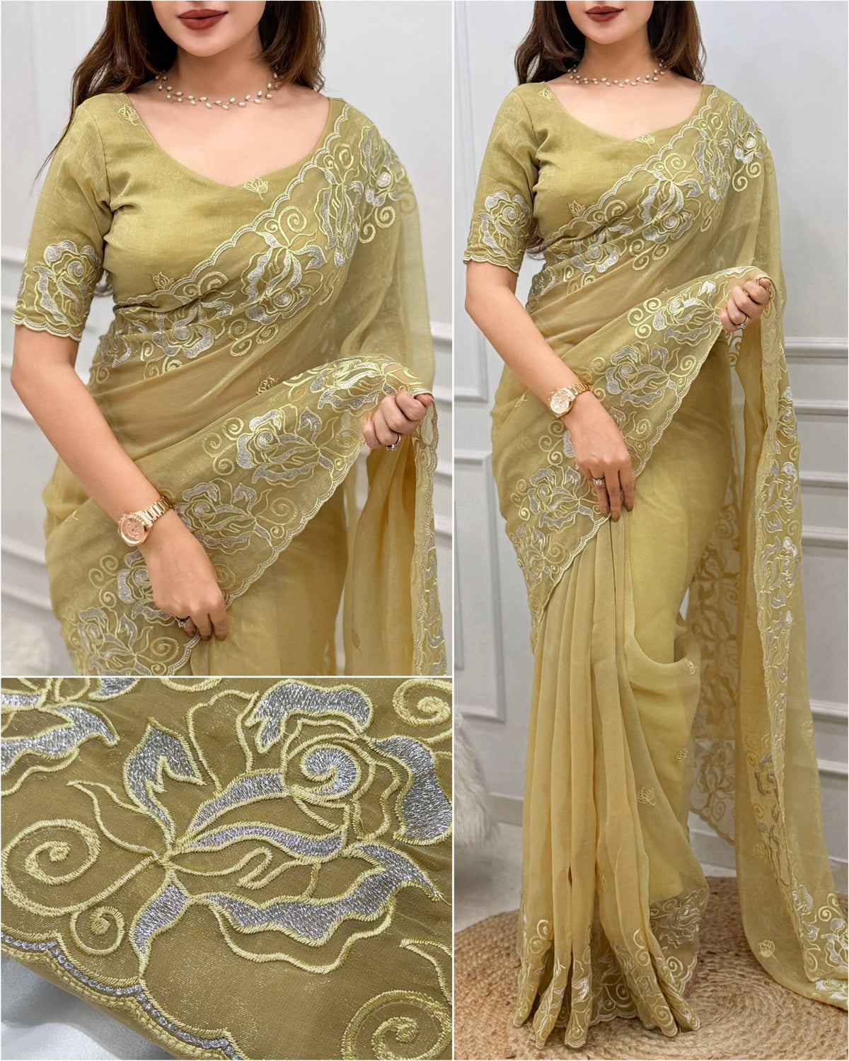 Olive Gold Melbourne Silk Self Embroidered Saree with Zari Work