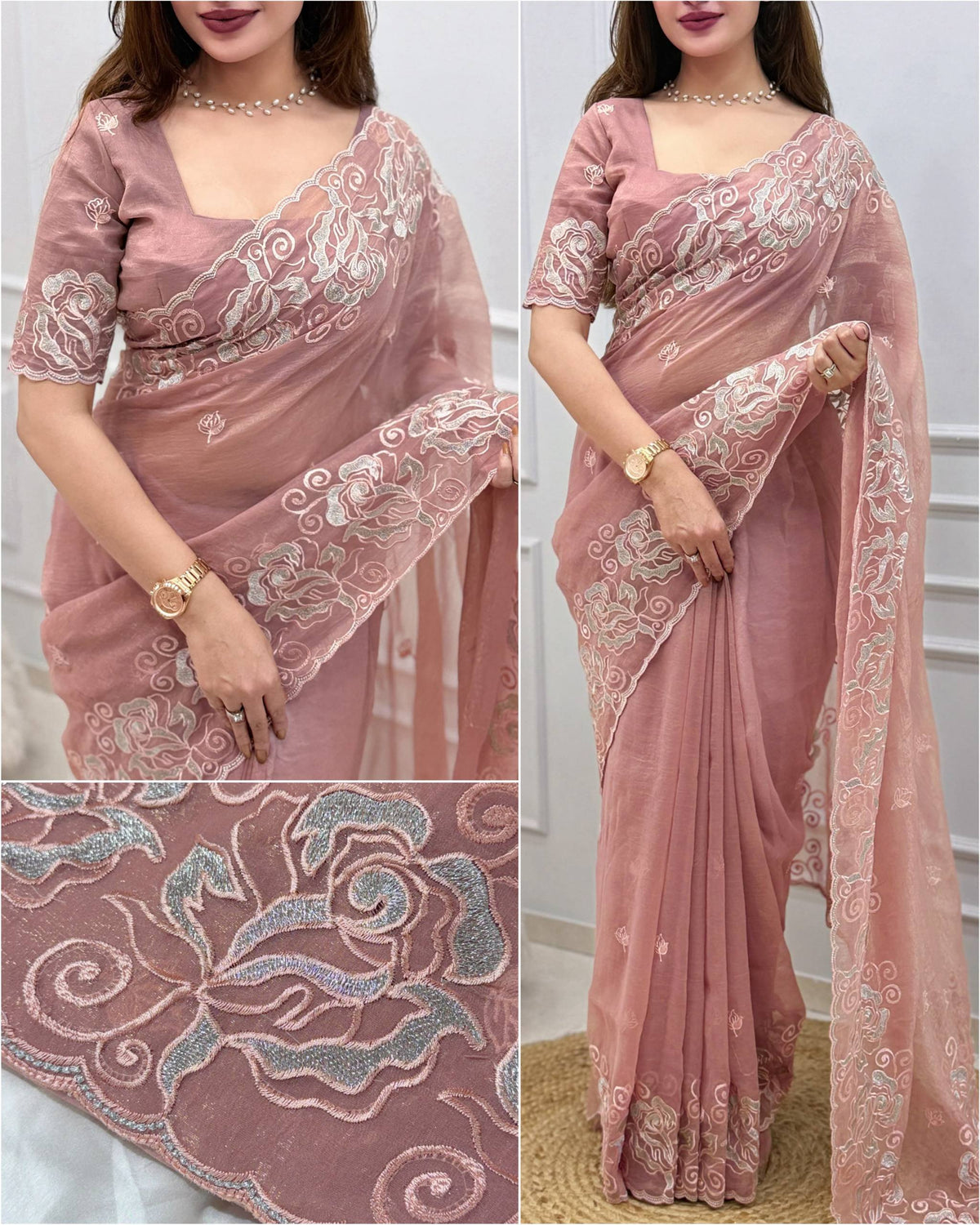 Dusty Rose Pink Melbourne Silk Self Embroidered Saree with Zari Work