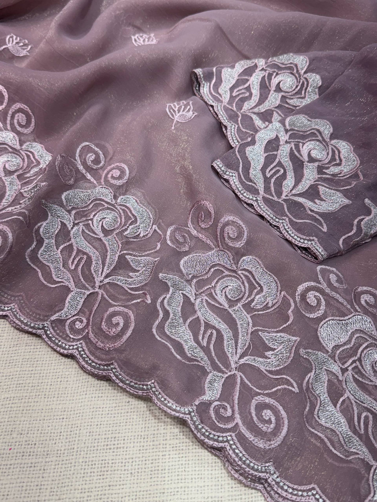 Dusty Mauve Lavender Melbourne Silk Self Embroidered Saree with Zari Work