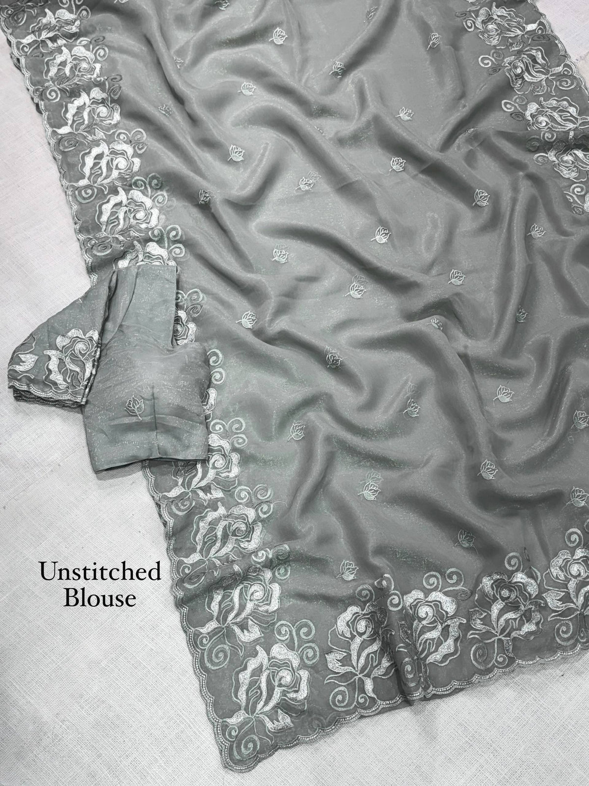 Silver Grey Melbourne Silk Self Embroidered Saree with Zari Work