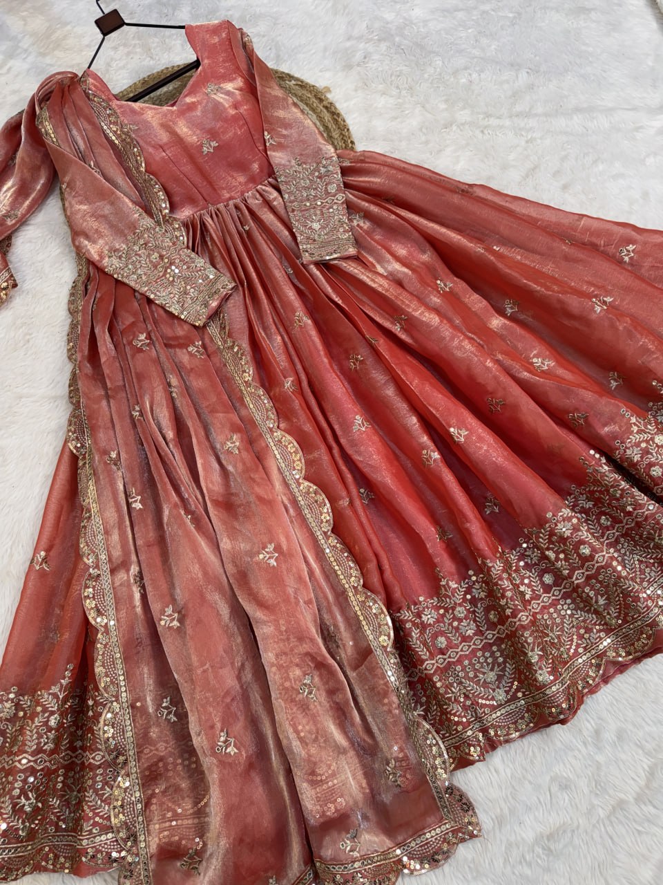 Peach Pink Fendi Silk Embroidered Gown with Dupatta | Zari & Sequins Work