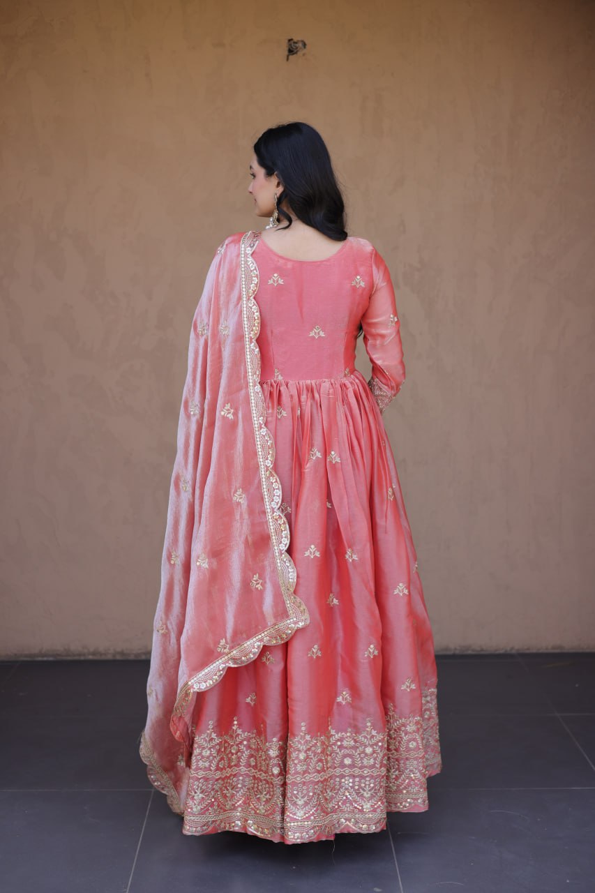 Peach Pink Fendi Silk Embroidered Gown with Dupatta | Zari & Sequins Work