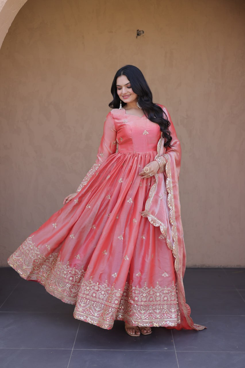 Peach Pink Fendi Silk Embroidered Gown with Dupatta | Zari & Sequins Work