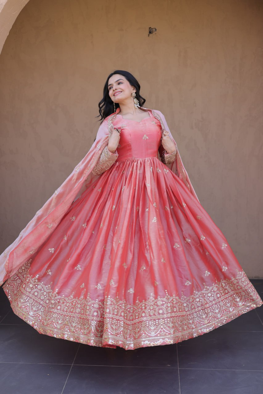 Peach Pink Fendi Silk Embroidered Gown with Dupatta | Zari & Sequins Work