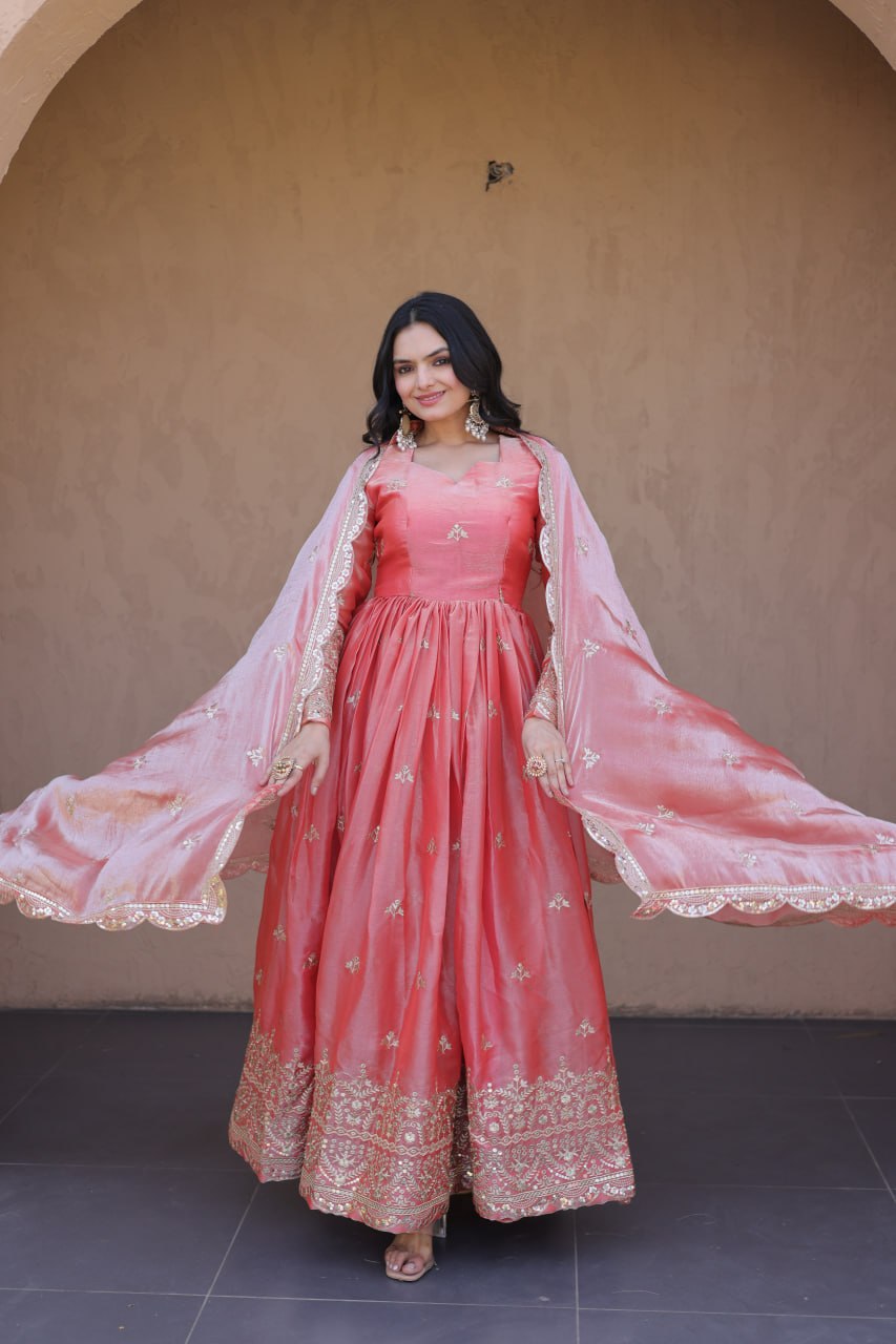 Peach Pink Fendi Silk Embroidered Gown with Dupatta | Zari & Sequins Work