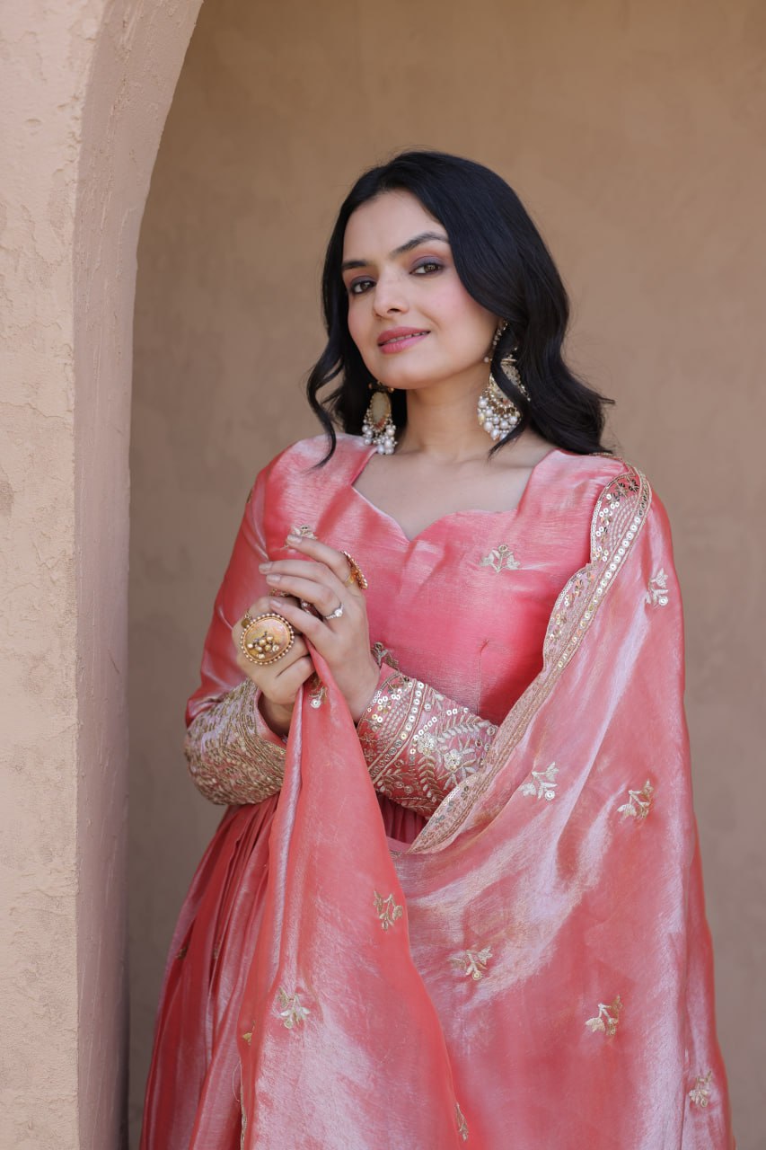 Peach Pink Fendi Silk Embroidered Gown with Dupatta | Zari & Sequins Work