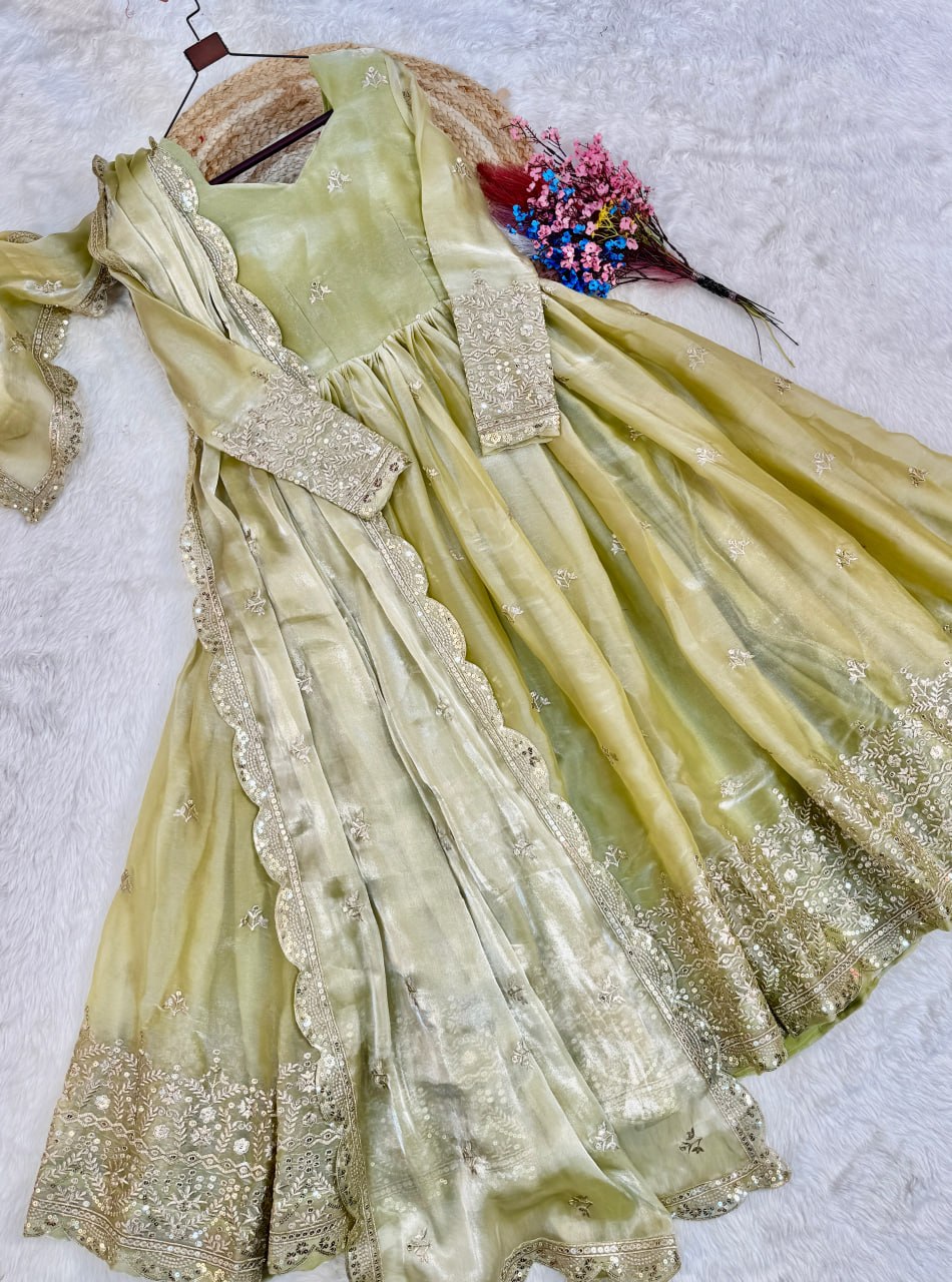 Pista Green Fendi Silk Embroidered Gown with Dupatta | Heavy Zari & Sequins Work