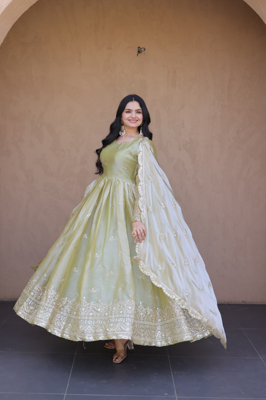 Pista Green Fendi Silk Embroidered Gown with Dupatta | Heavy Zari & Sequins Work