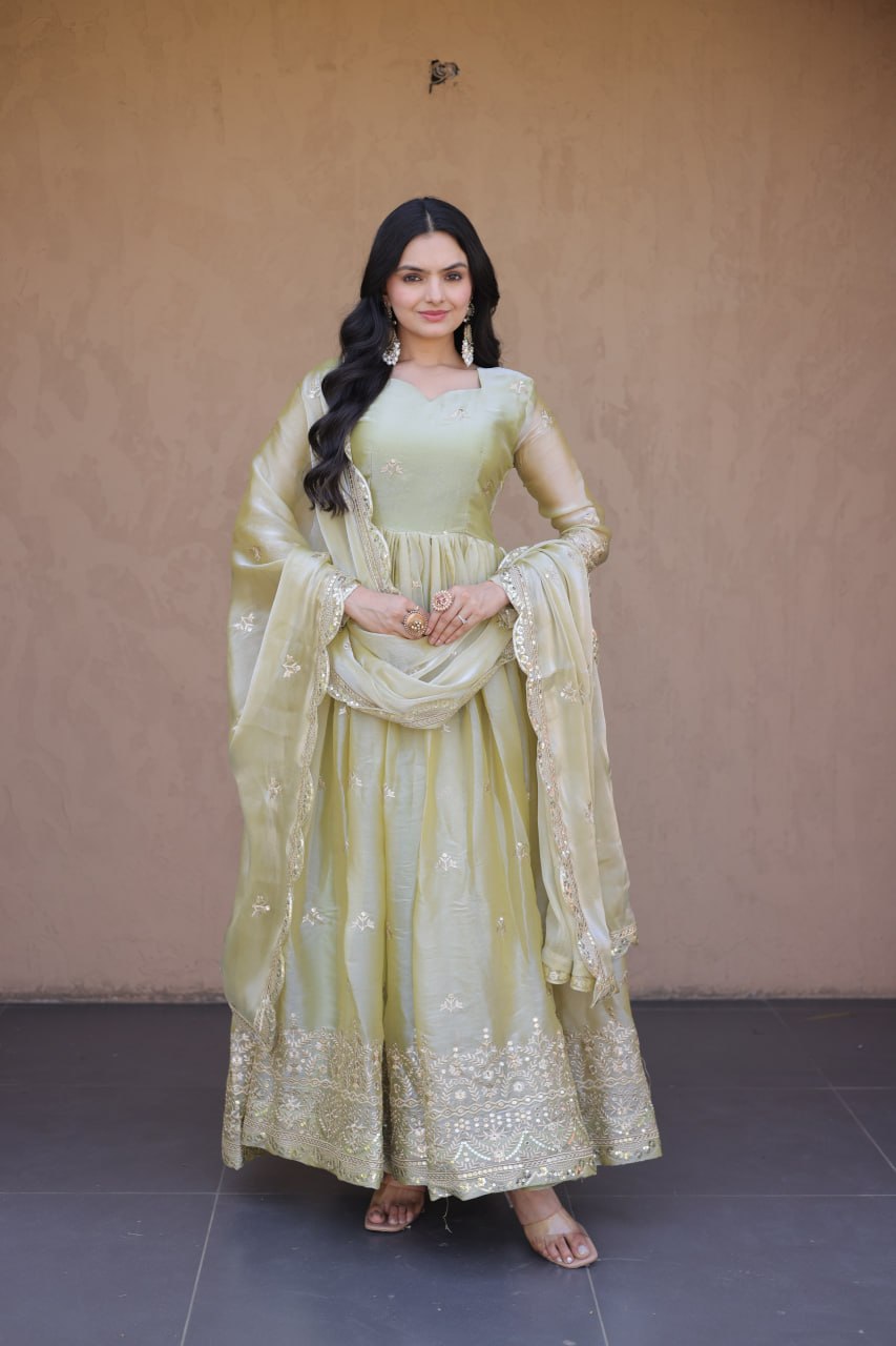 Pista Green Fendi Silk Embroidered Gown with Dupatta | Heavy Zari & Sequins Work