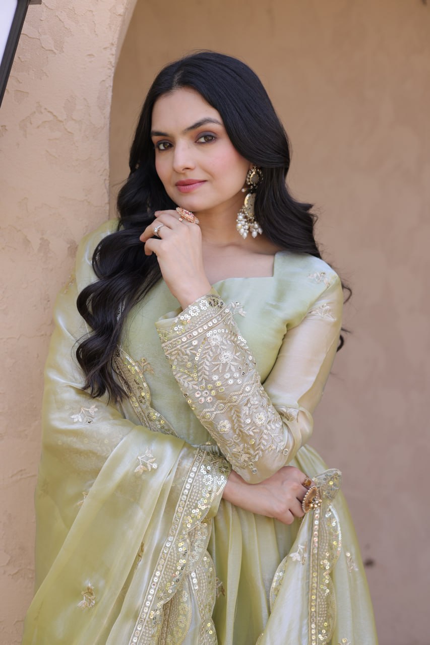 Pista Green Fendi Silk Embroidered Gown with Dupatta | Heavy Zari & Sequins Work