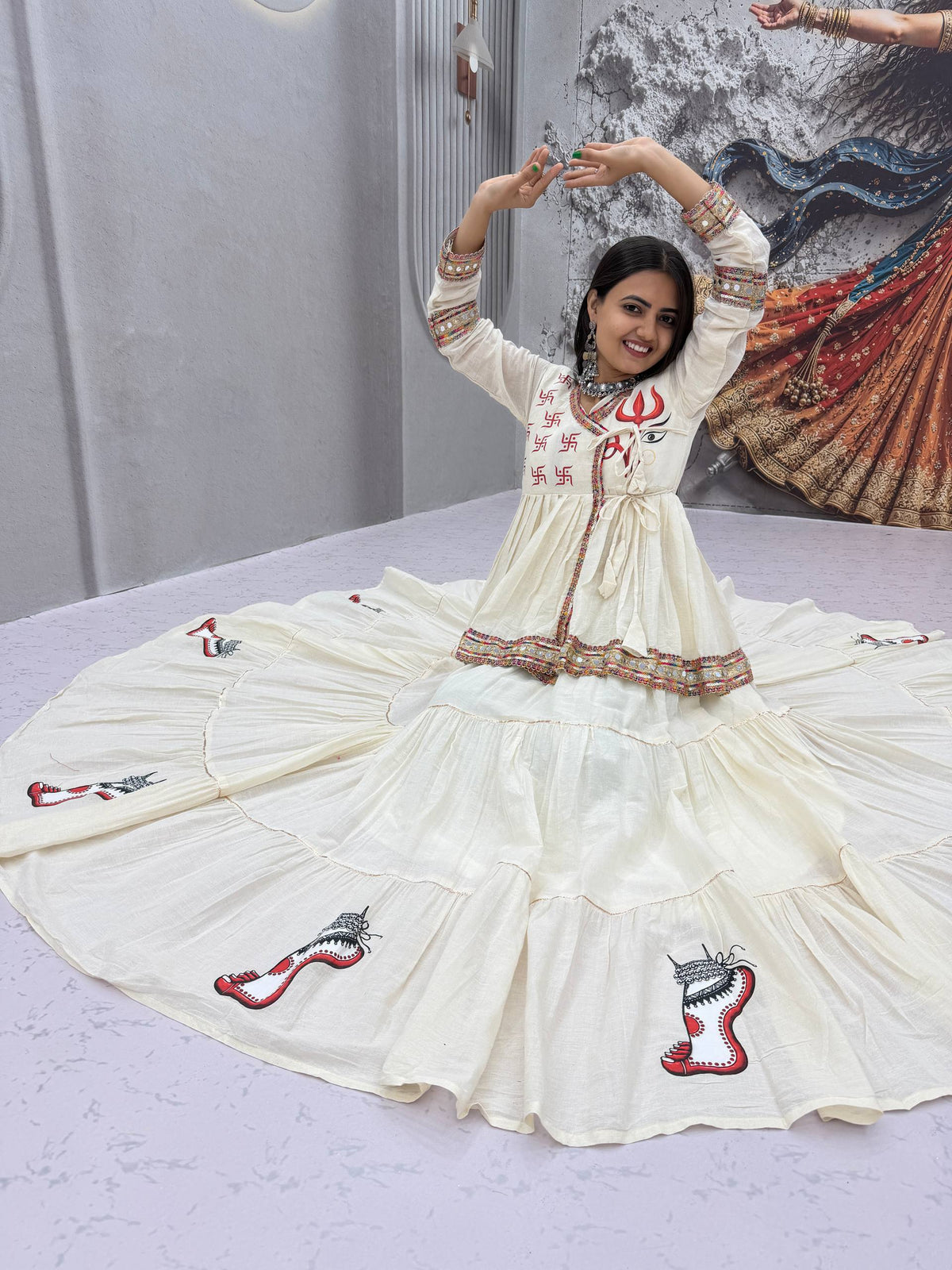 Ivory White Pure Cotton Navratri Kediyu Style Lehenga Choli Set