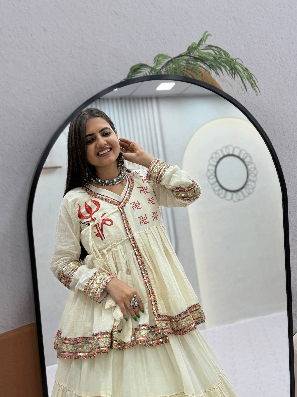 Ivory White Pure Cotton Navratri Kediyu Style Lehenga Choli Set