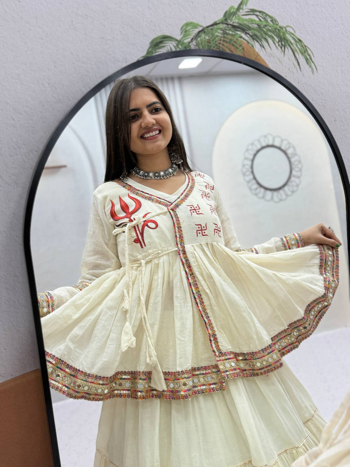 Ivory White Pure Cotton Navratri Kediyu Style Lehenga Choli Set