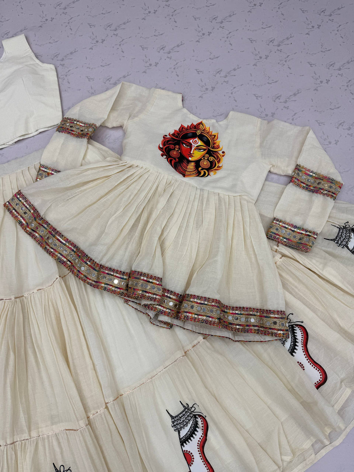 Ivory White Pure Cotton Navratri Kediyu Style Lehenga Choli Set