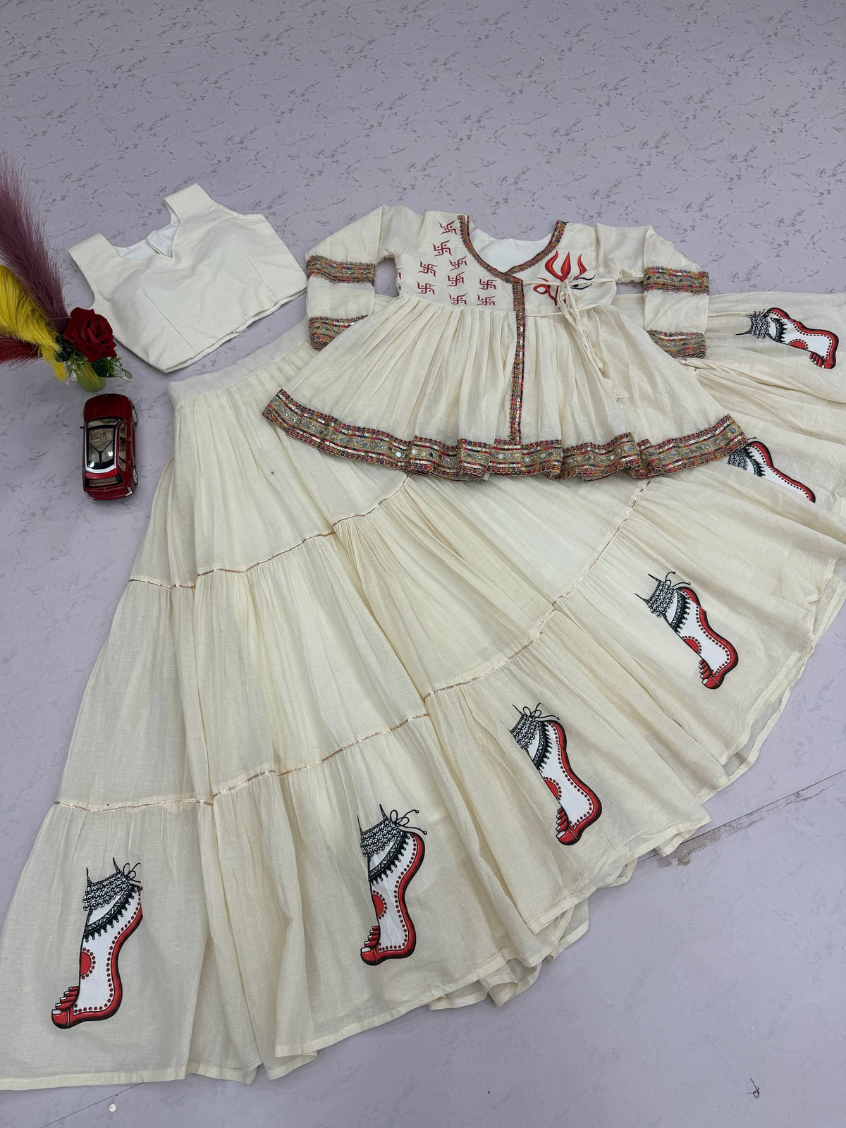 Ivory White Pure Cotton Navratri Kediyu Style Lehenga Choli Set