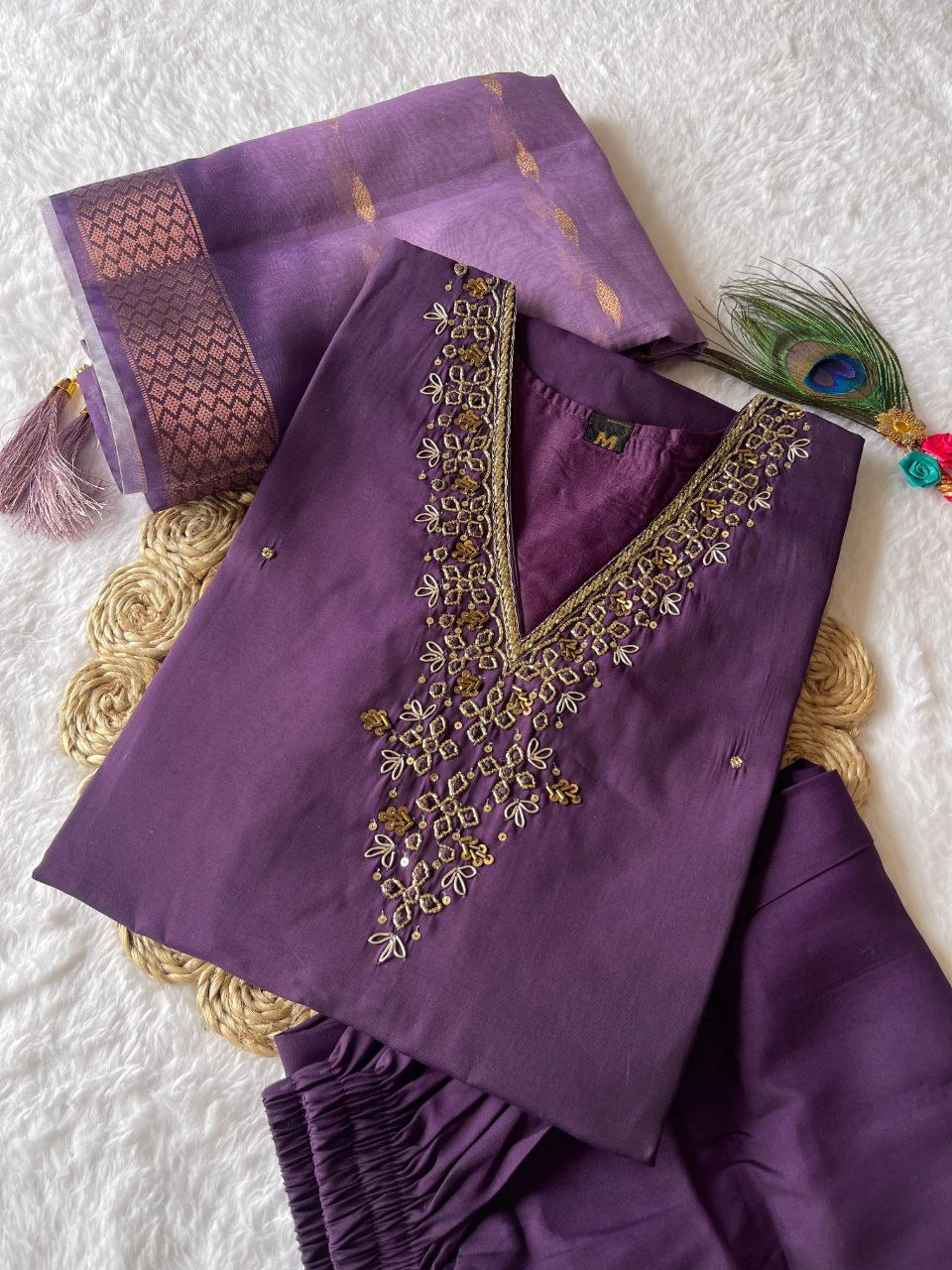 Purple Rakhi Special Kurta Pant Dupatta Set