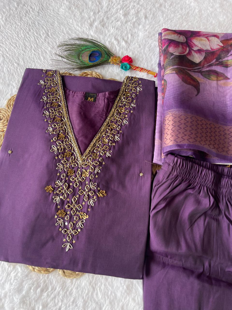 Purple Rakhi Special Kurta Pant Dupatta Set