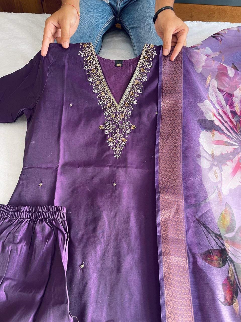 Purple Rakhi Special Kurta Pant Dupatta Set