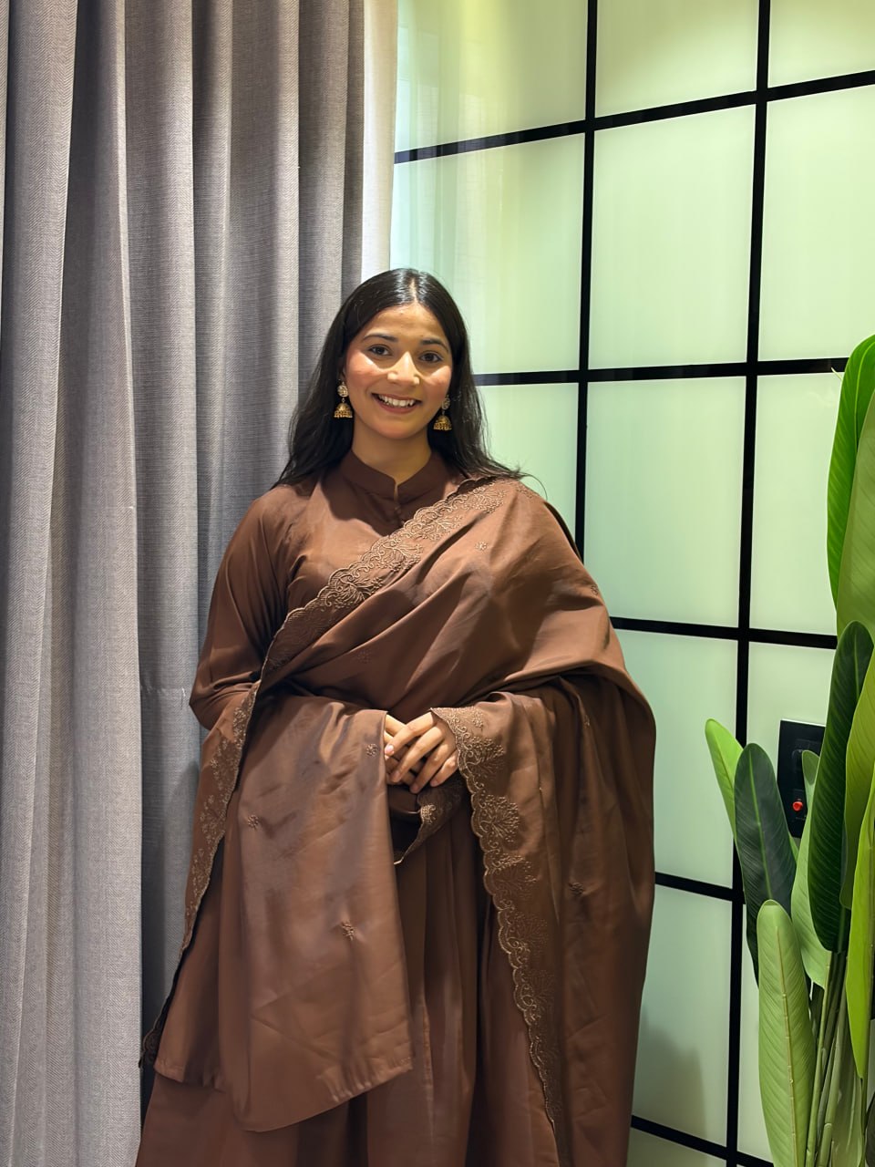 Coffee Brown Roman Silk Anarkali Gown Set with Embroidered Dupatta & Pant