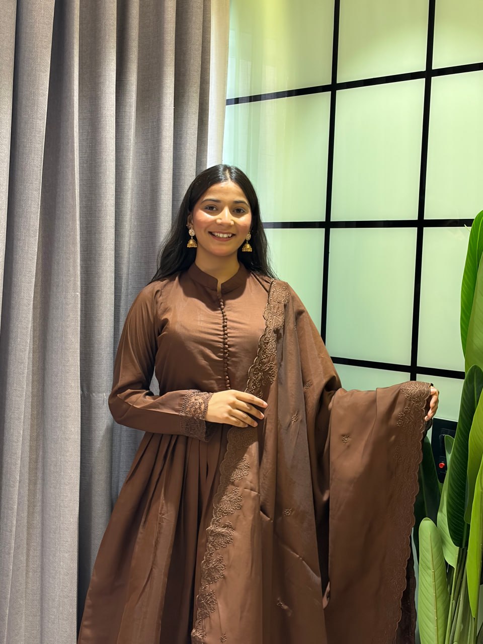 Coffee Brown Roman Silk Anarkali Gown Set with Embroidered Dupatta & Pant