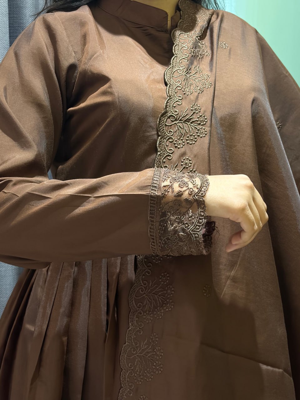 Coffee Brown Roman Silk Anarkali Gown Set with Embroidered Dupatta & Pant
