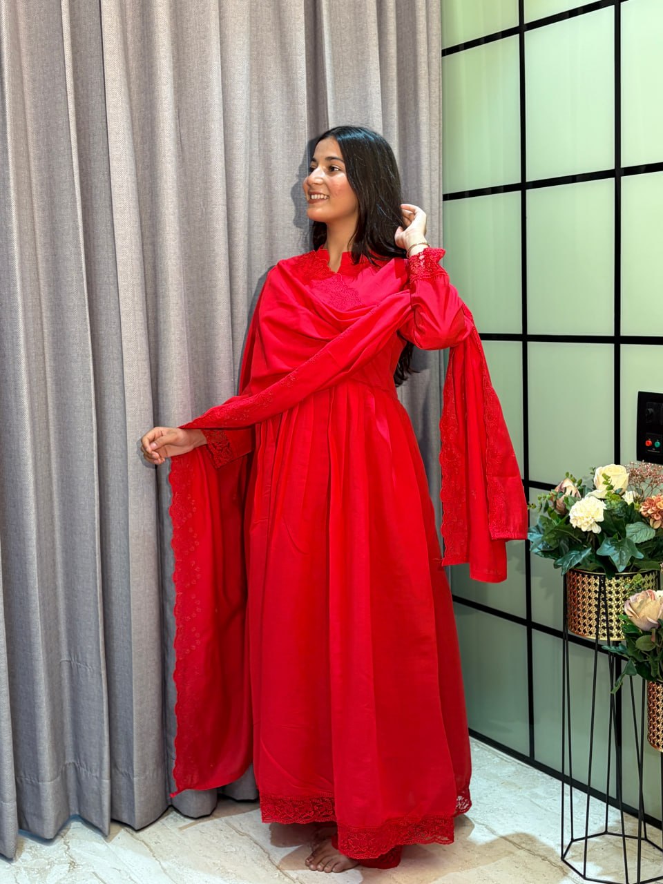 Ruby Red Roman Silk Anarkali Gown Set with Embroidered Dupatta & Pant