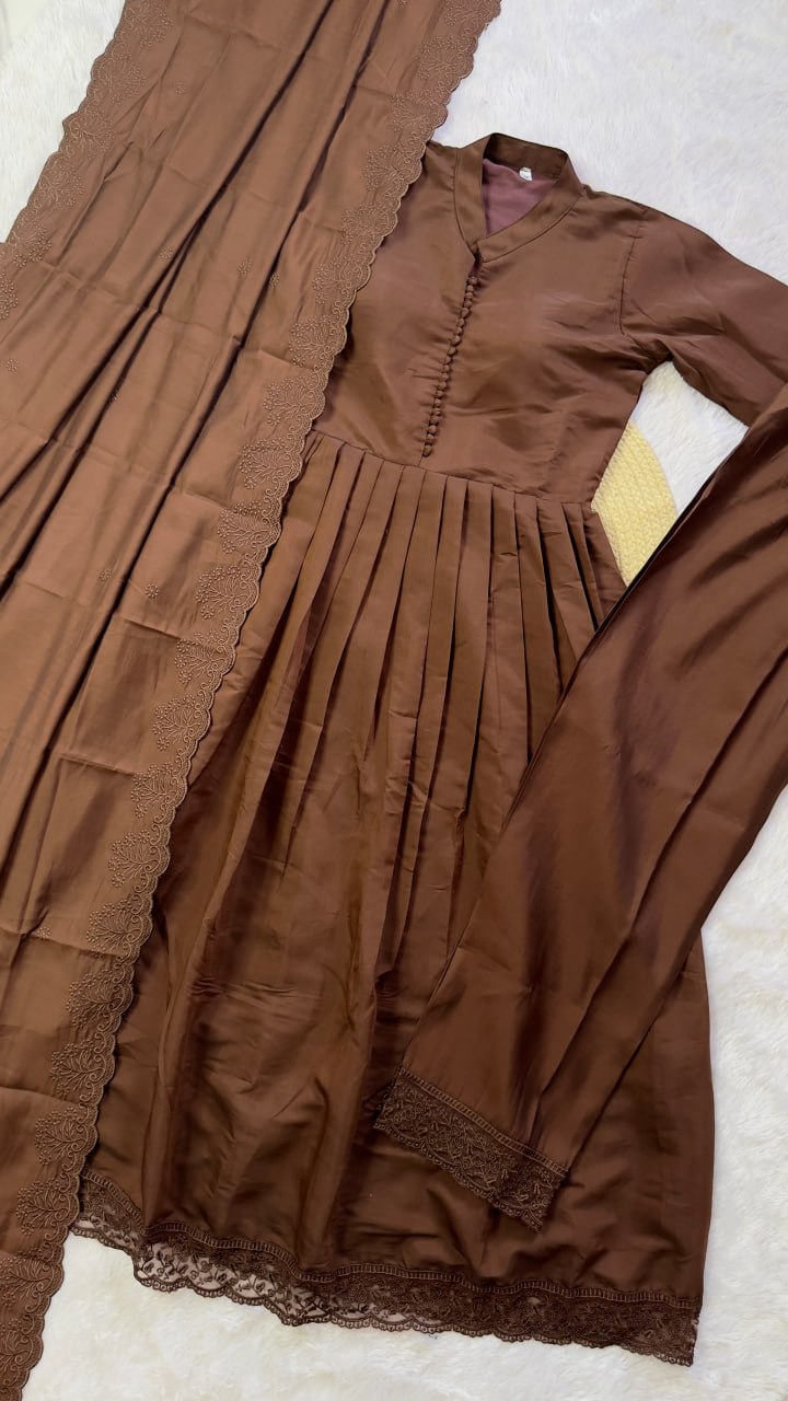 Coffee Brown Roman Silk Anarkali Gown Set with Embroidered Dupatta & Pant