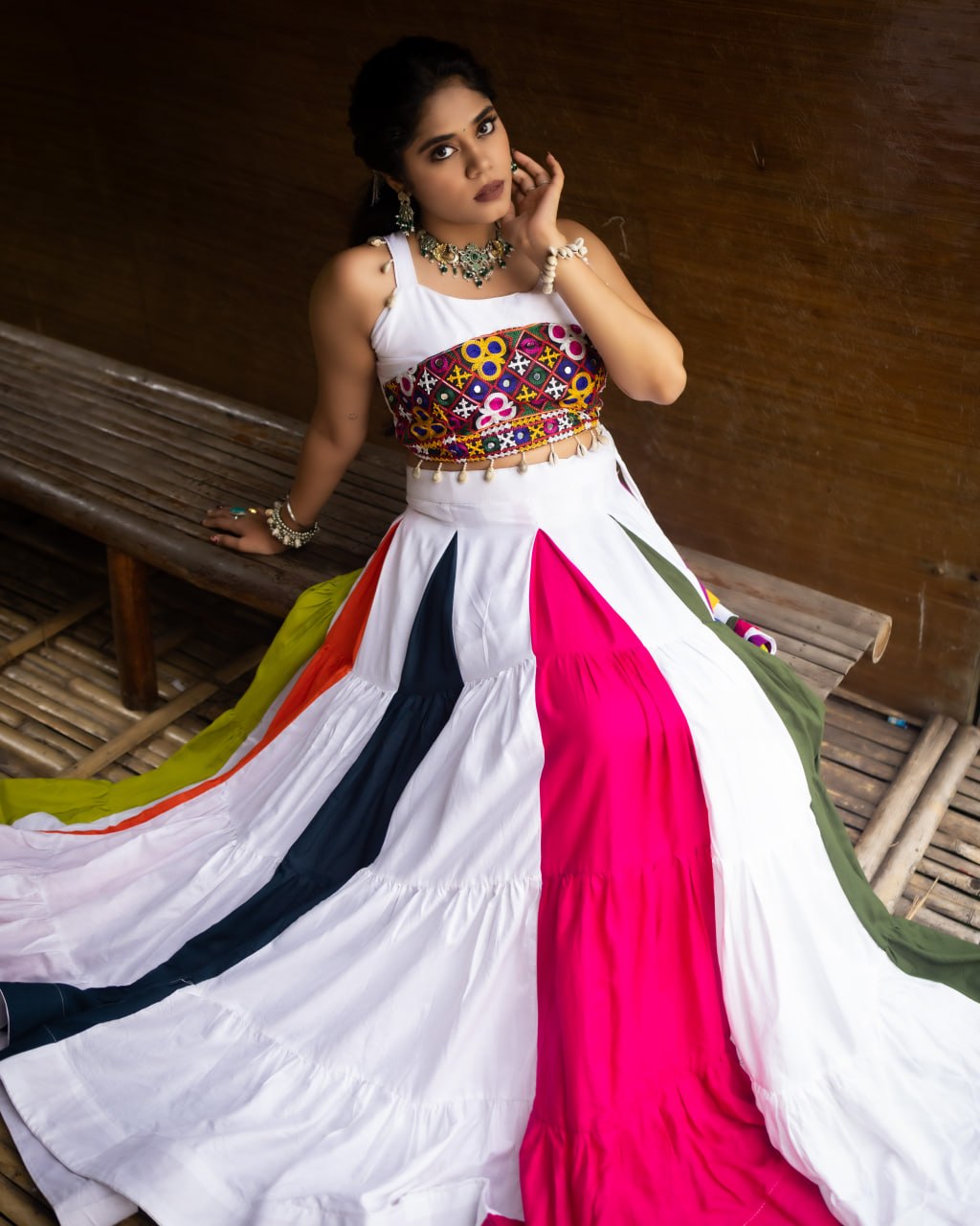 White Multicolor Navratri Chaniya Choli with Gamthi Mirror Work Blouse