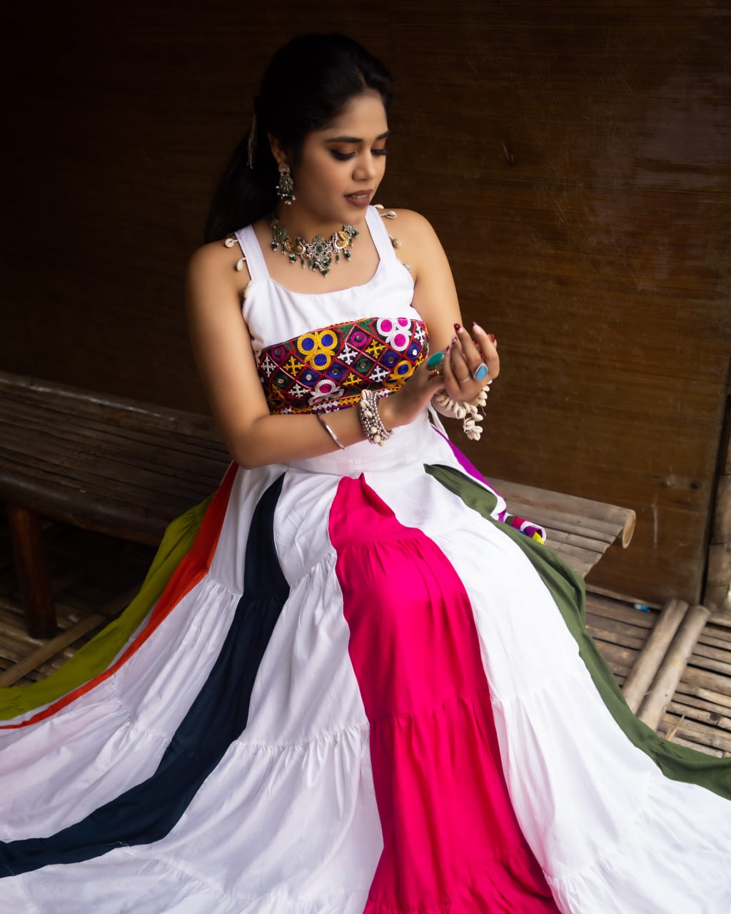 White Multicolor Navratri Chaniya Choli with Gamthi Mirror Work Blouse