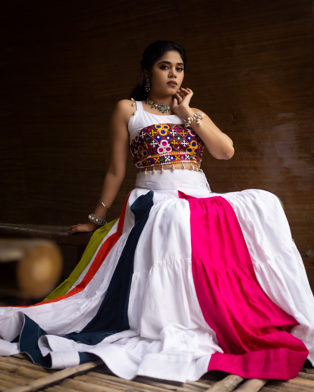 White Multicolor Navratri Chaniya Choli with Gamthi Mirror Work Blouse