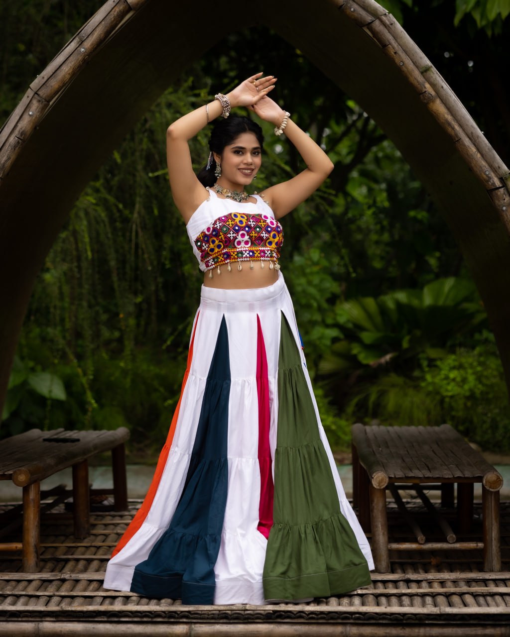 White Multicolor Navratri Chaniya Choli with Gamthi Mirror Work Blouse