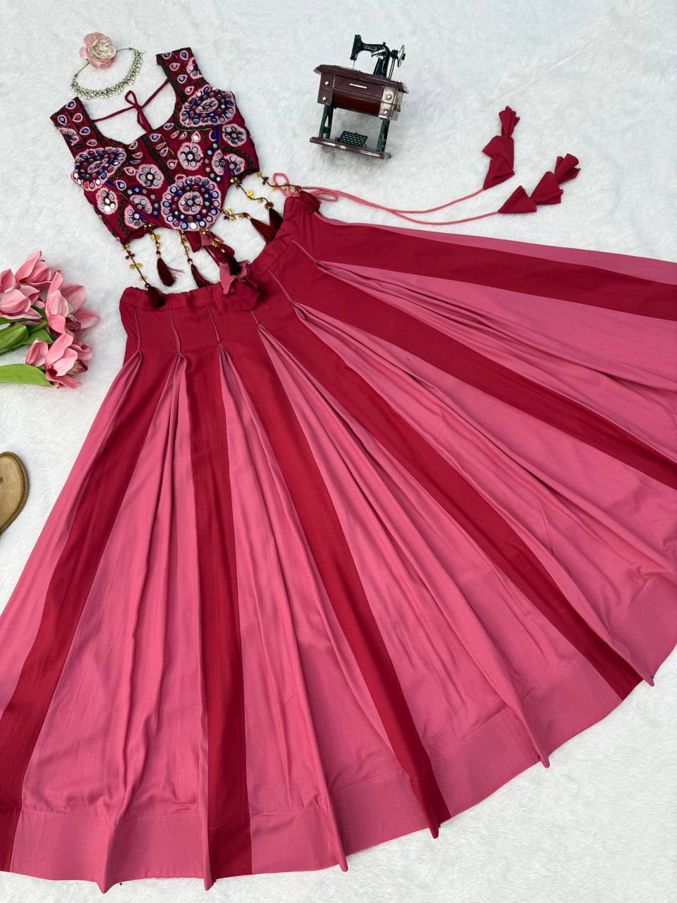 Wine Pink & Rose Pink Heavy Rayon Mirror Work Lehenga Choli