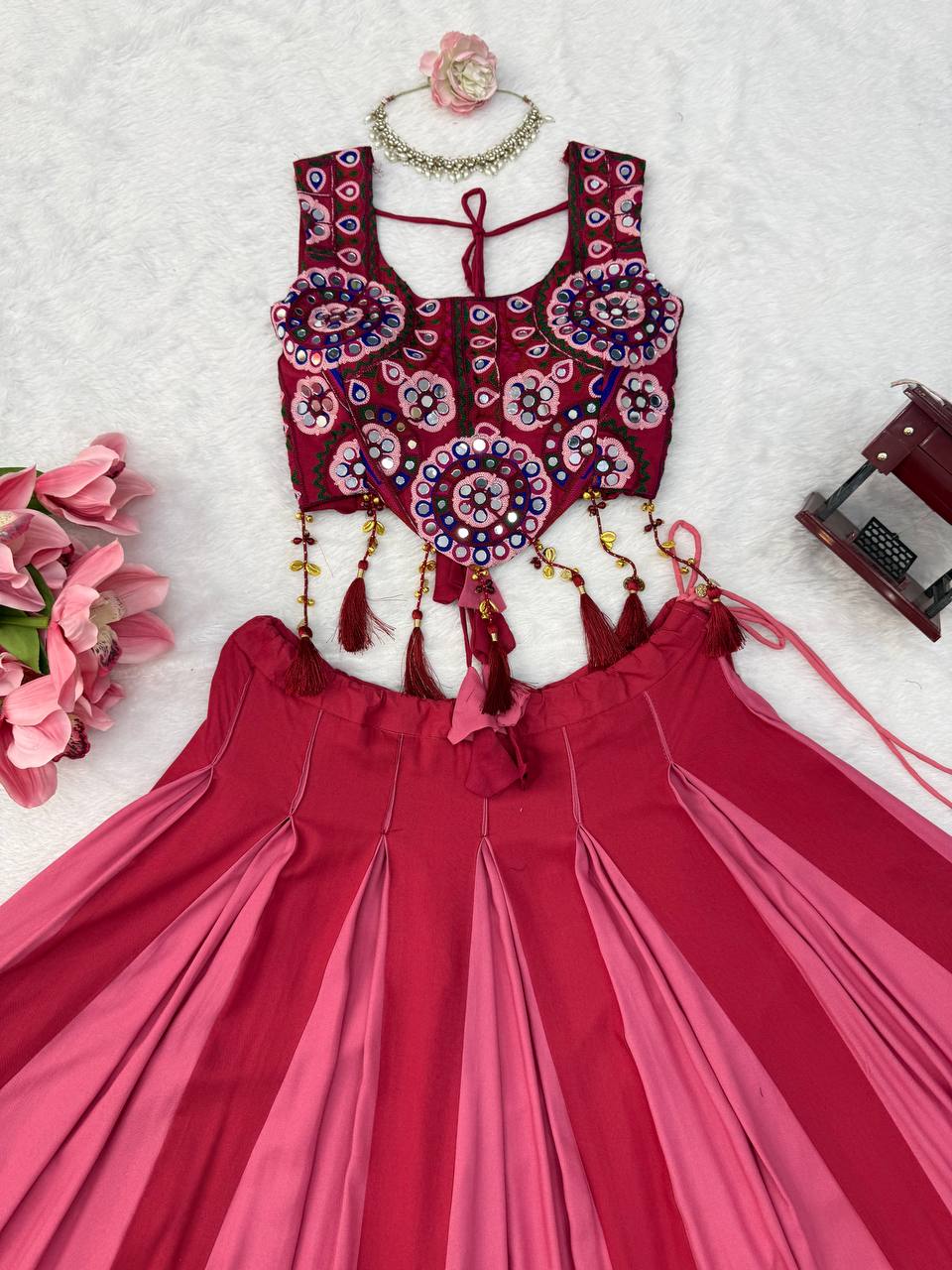 Wine Pink & Rose Pink Heavy Rayon Mirror Work Lehenga Choli