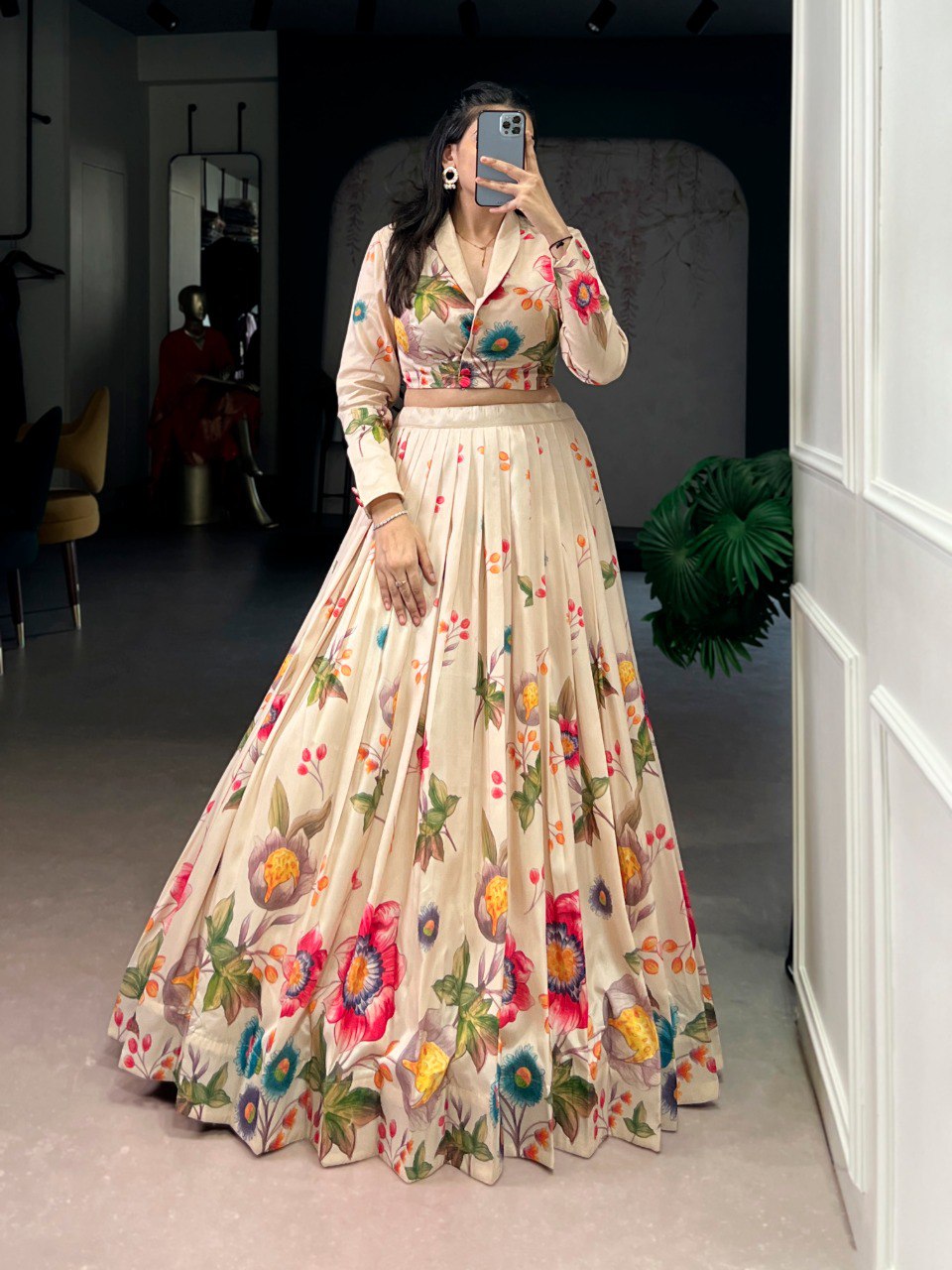 Ivory Cream Floral Print Tasar Silk Co-Ord Lehenga Set