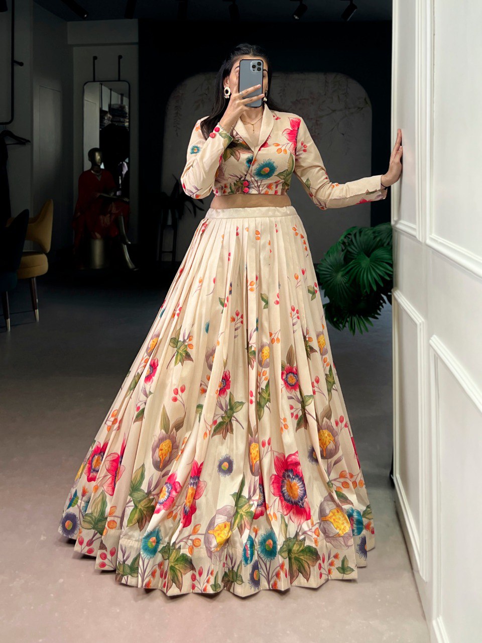 Ivory Cream Floral Print Tasar Silk Co-Ord Lehenga Set