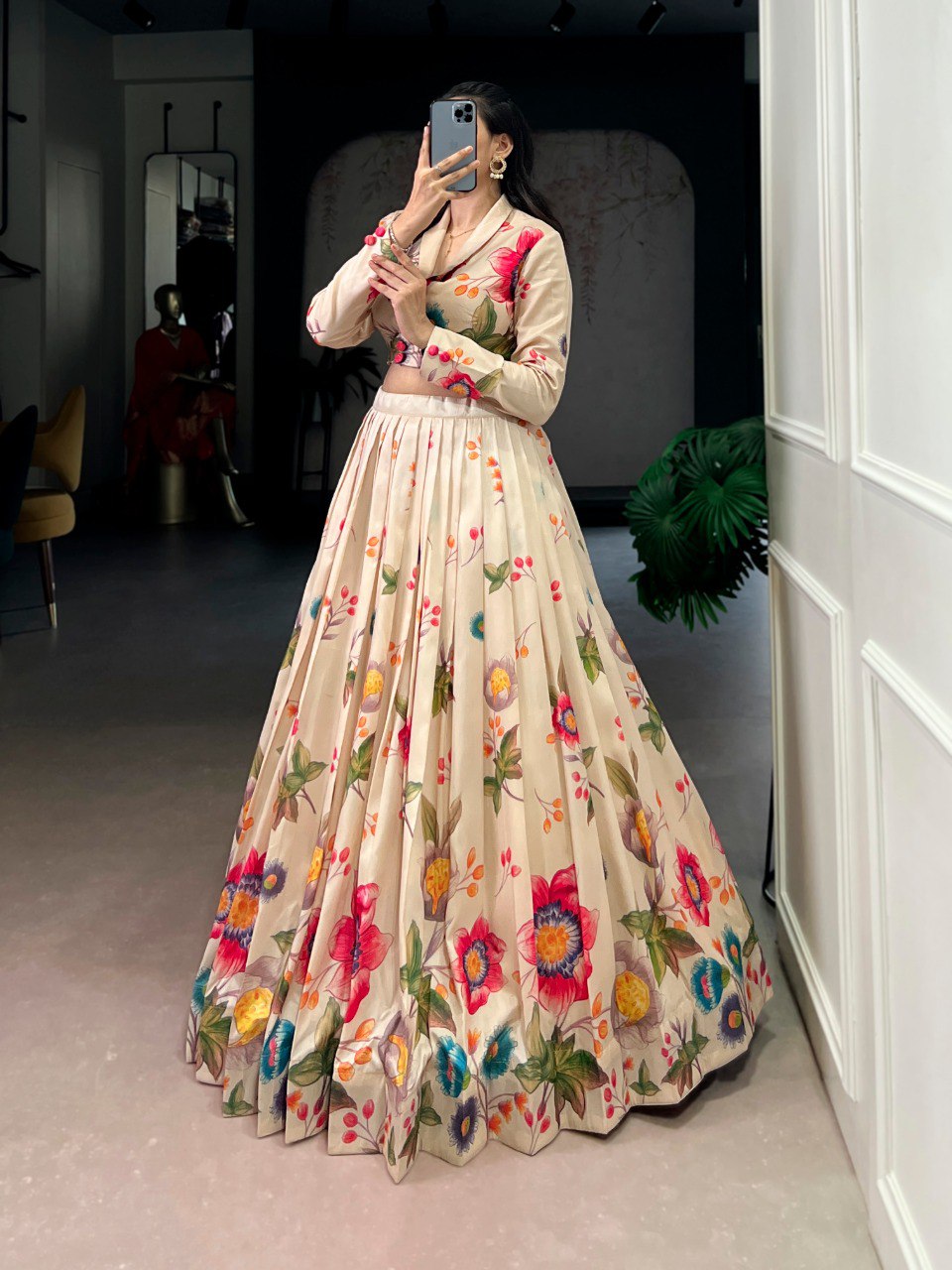 Ivory Cream Floral Print Tasar Silk Co-Ord Lehenga Set