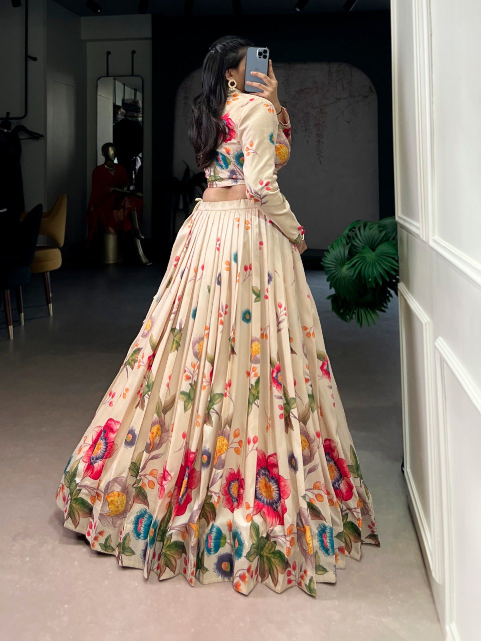 Ivory Cream Floral Print Tasar Silk Co-Ord Lehenga Set