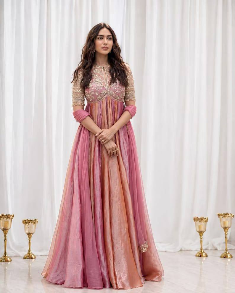 Dusty Rose Pink Moss Silk Embroidered Anarkali Gown Set with Dupatta