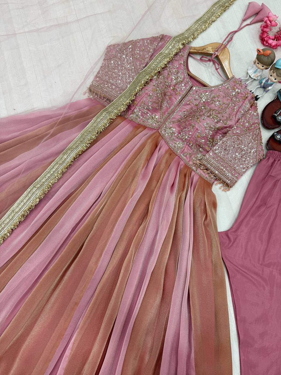 Dusty Rose Pink Moss Silk Embroidered Anarkali Gown Set with Dupatta