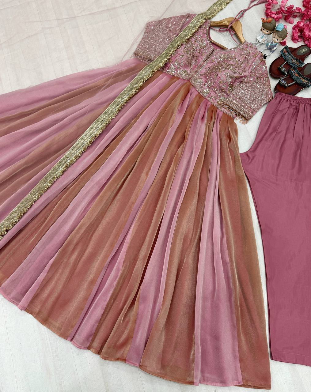 Dusty Rose Pink Moss Silk Embroidered Anarkali Gown Set with Dupatta