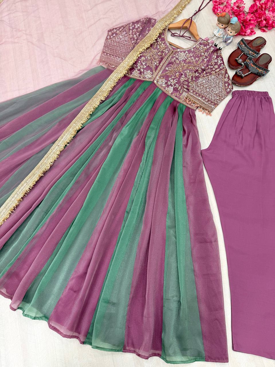 Mauve Purple & Sage Green Ombre Moss Silk Embroidered Anarkali Gown Set