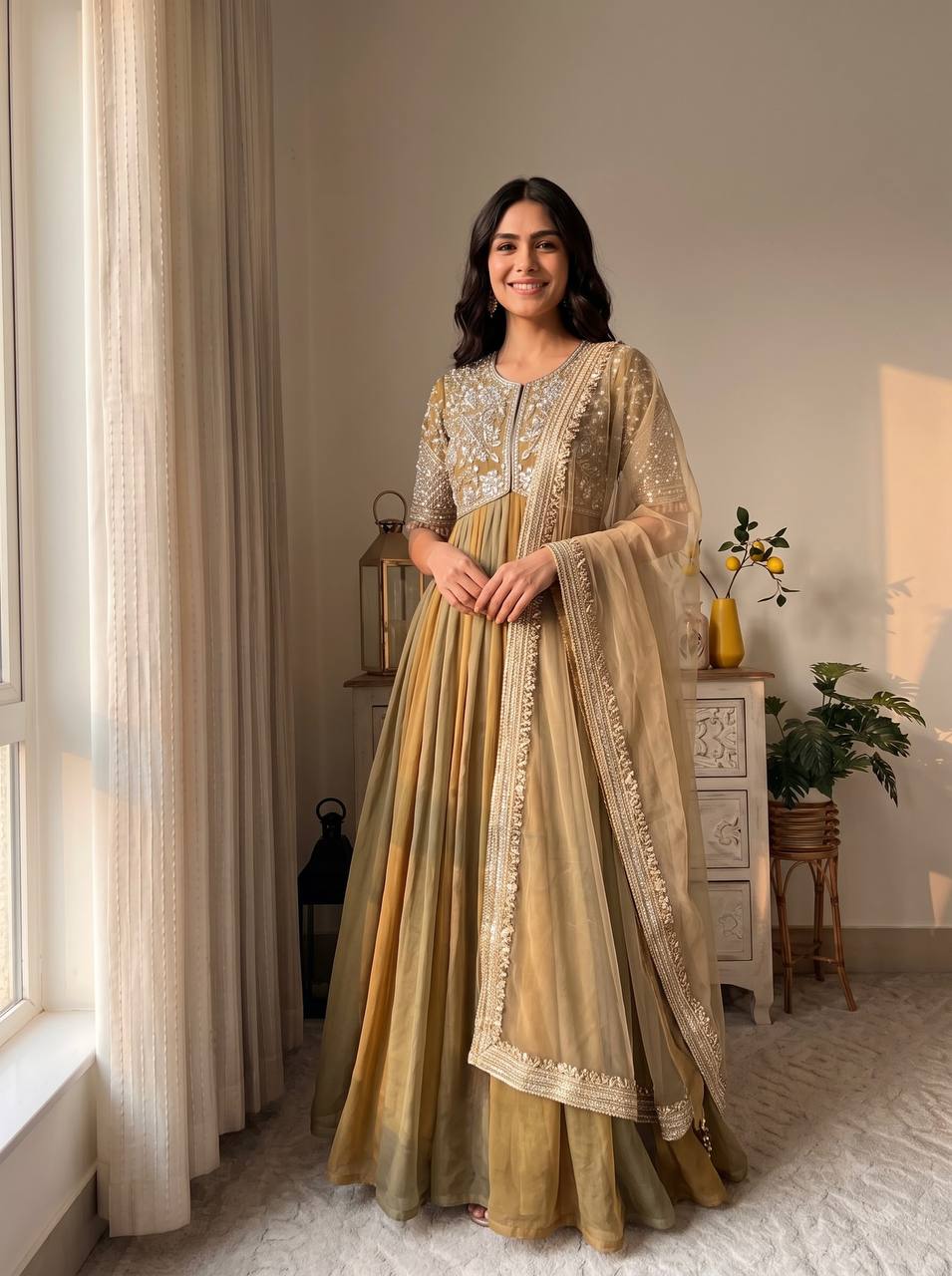 Mustard Gold & Olive Green Ombre Moss Silk Embroidered Anarkali Gown Set