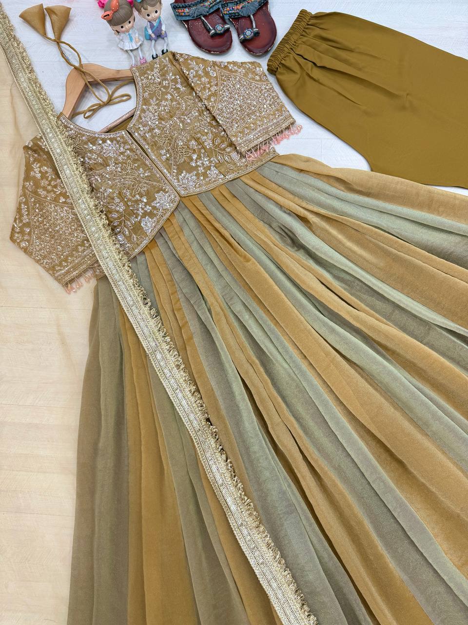 Mustard Gold & Olive Green Ombre Moss Silk Embroidered Anarkali Gown Set