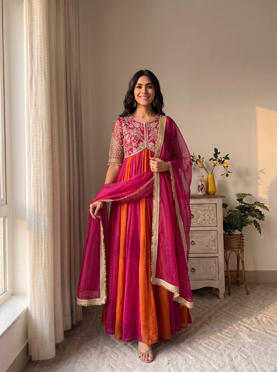 Wine Pink & Orange Designer Moss Silk Anarkali Gown Set