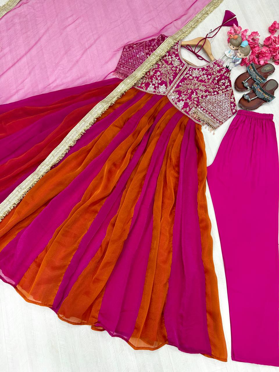 Wine Pink & Orange Designer Moss Silk Anarkali Gown Set