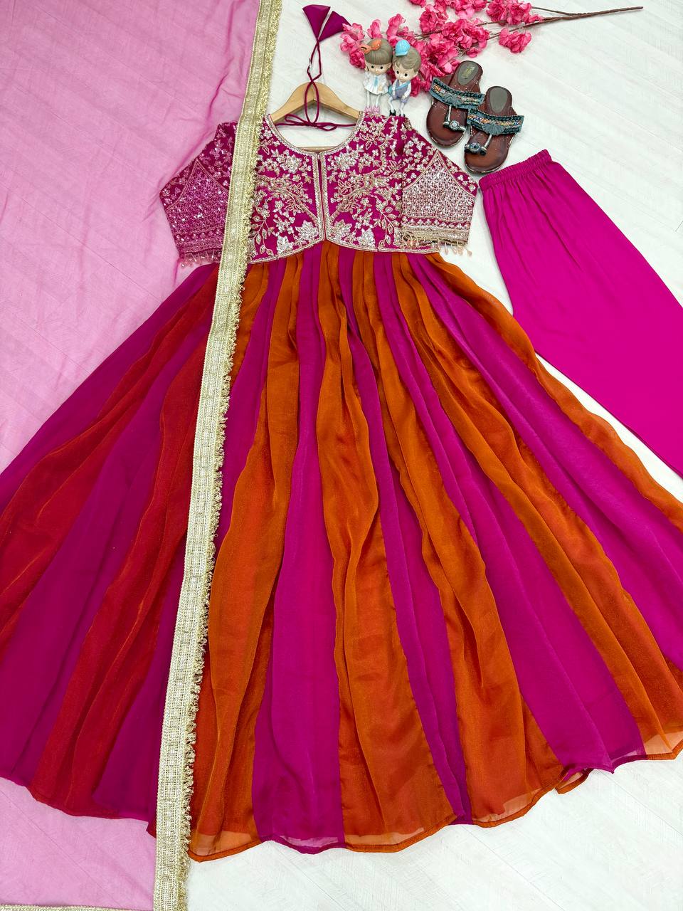 Wine Pink & Orange Designer Moss Silk Anarkali Gown Set