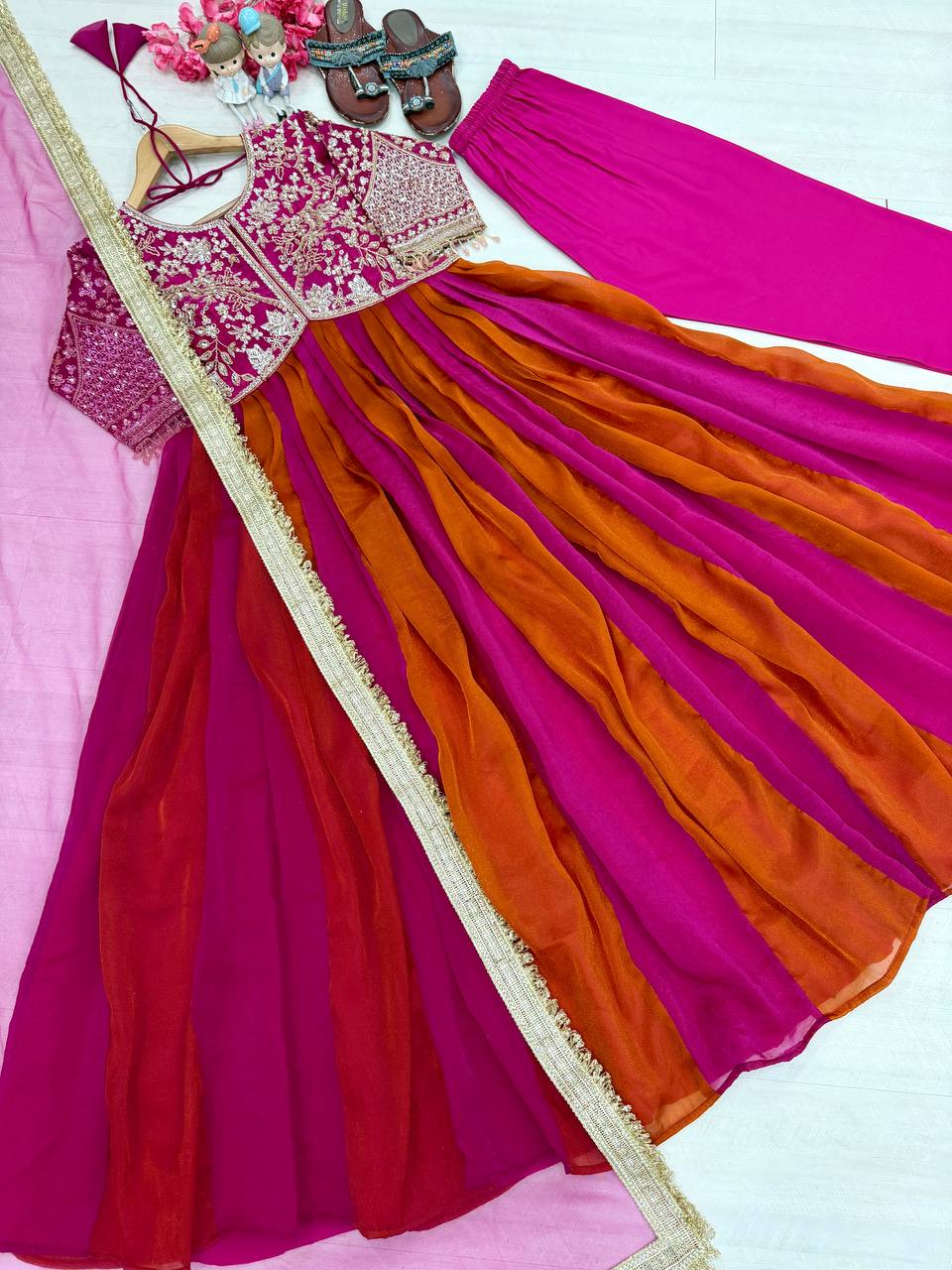 Wine Pink & Orange Designer Moss Silk Anarkali Gown Set