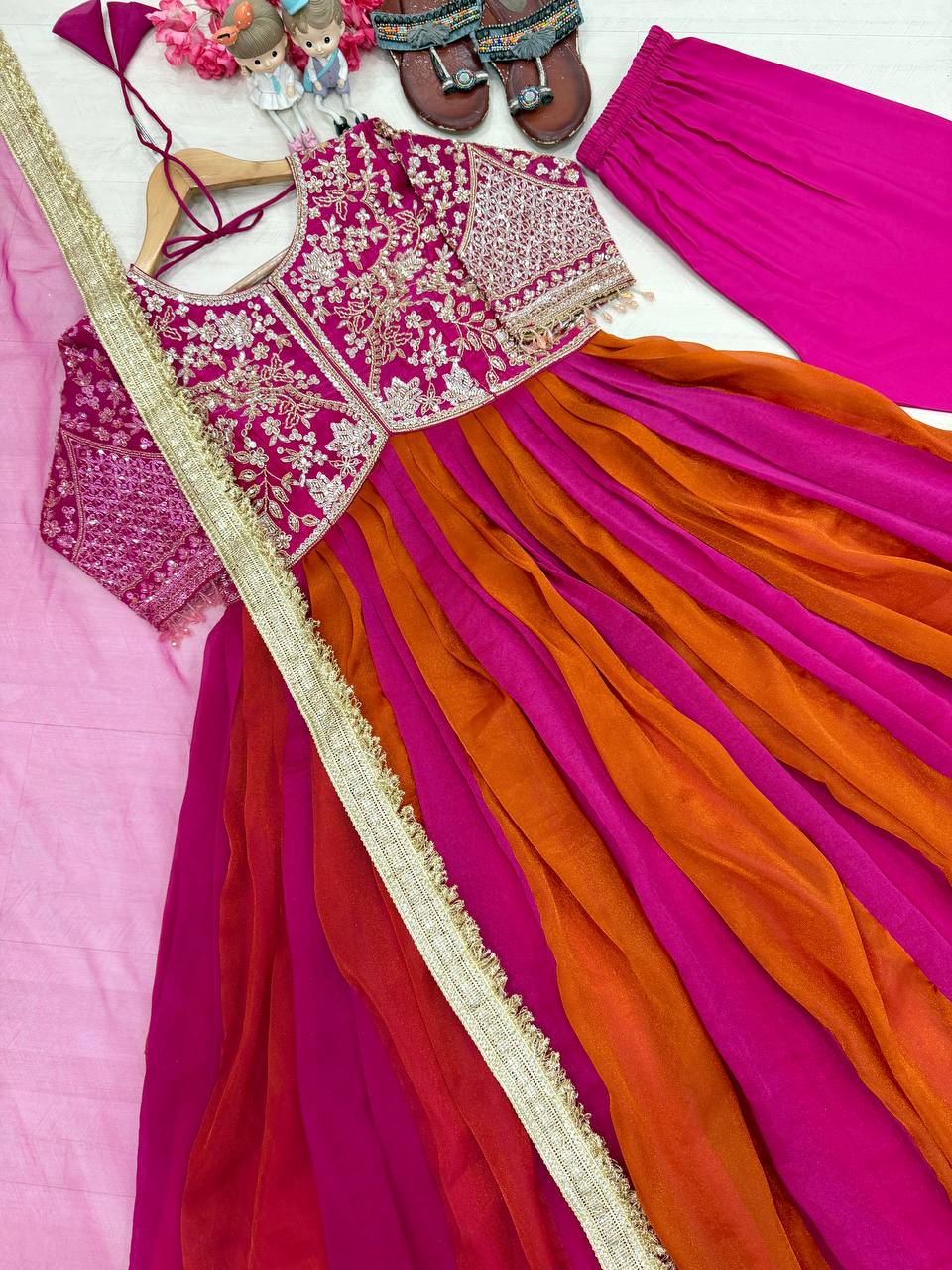 Wine Pink & Orange Designer Moss Silk Anarkali Gown Set