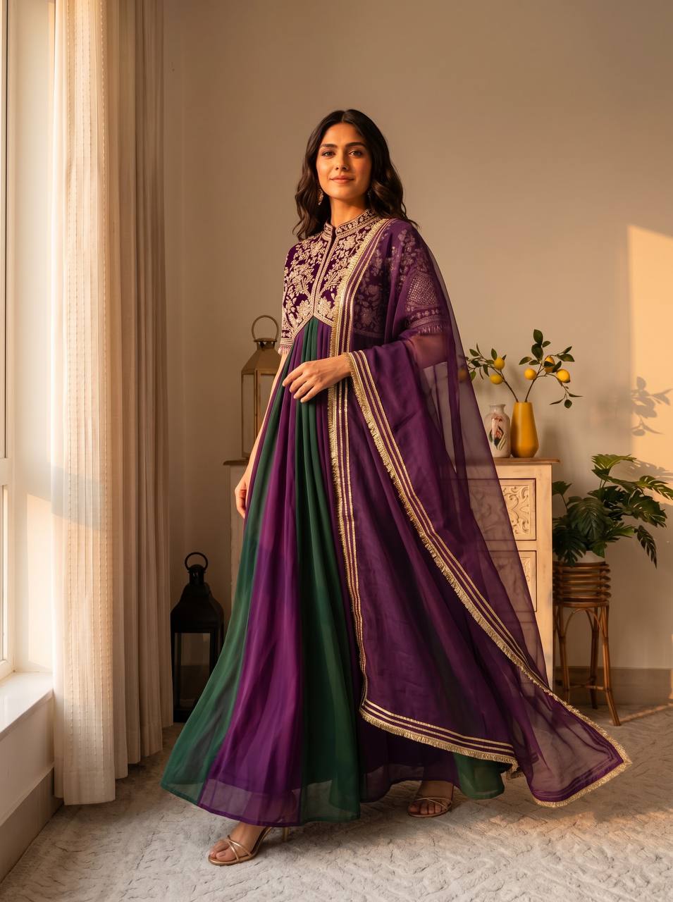 Purple & Bottle Green Ombre Moss Silk Embroidered Anarkali Gown Set